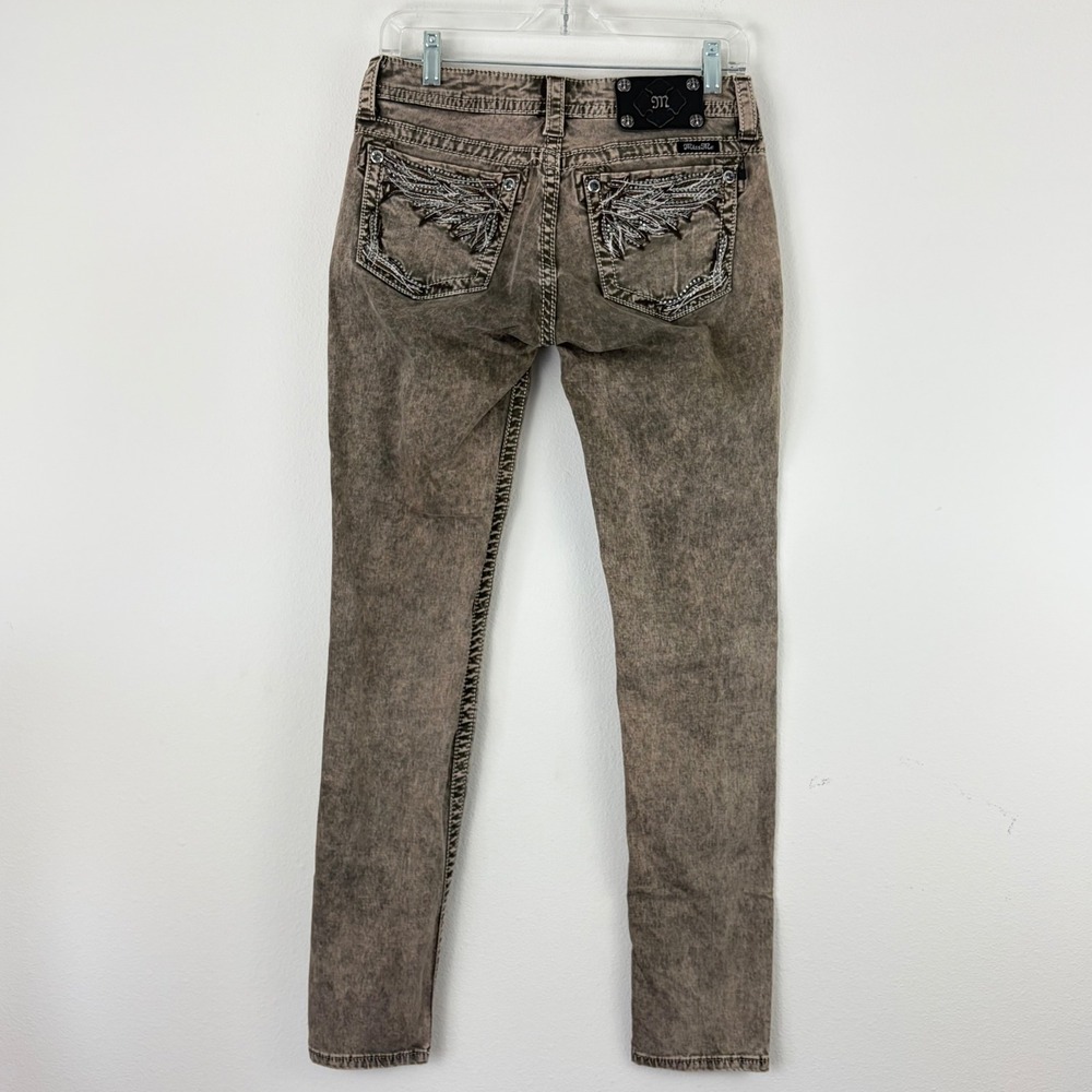 NEW Miss Me Skinny Jeans Tan Brown Acid Wash Wing Rhinestone Low Rise 27